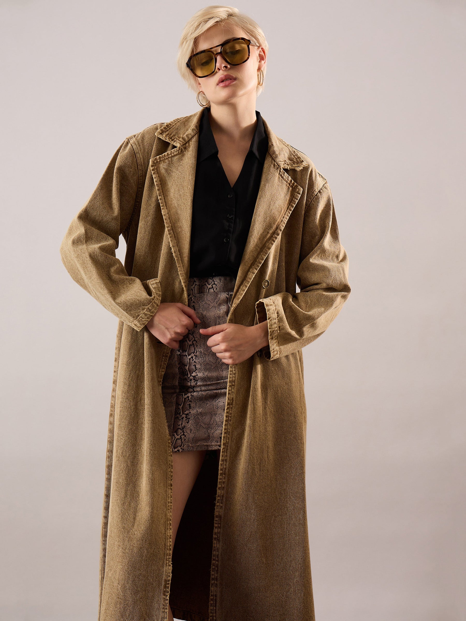 Beige Washed Denim Over Coat-SASSAFRAS