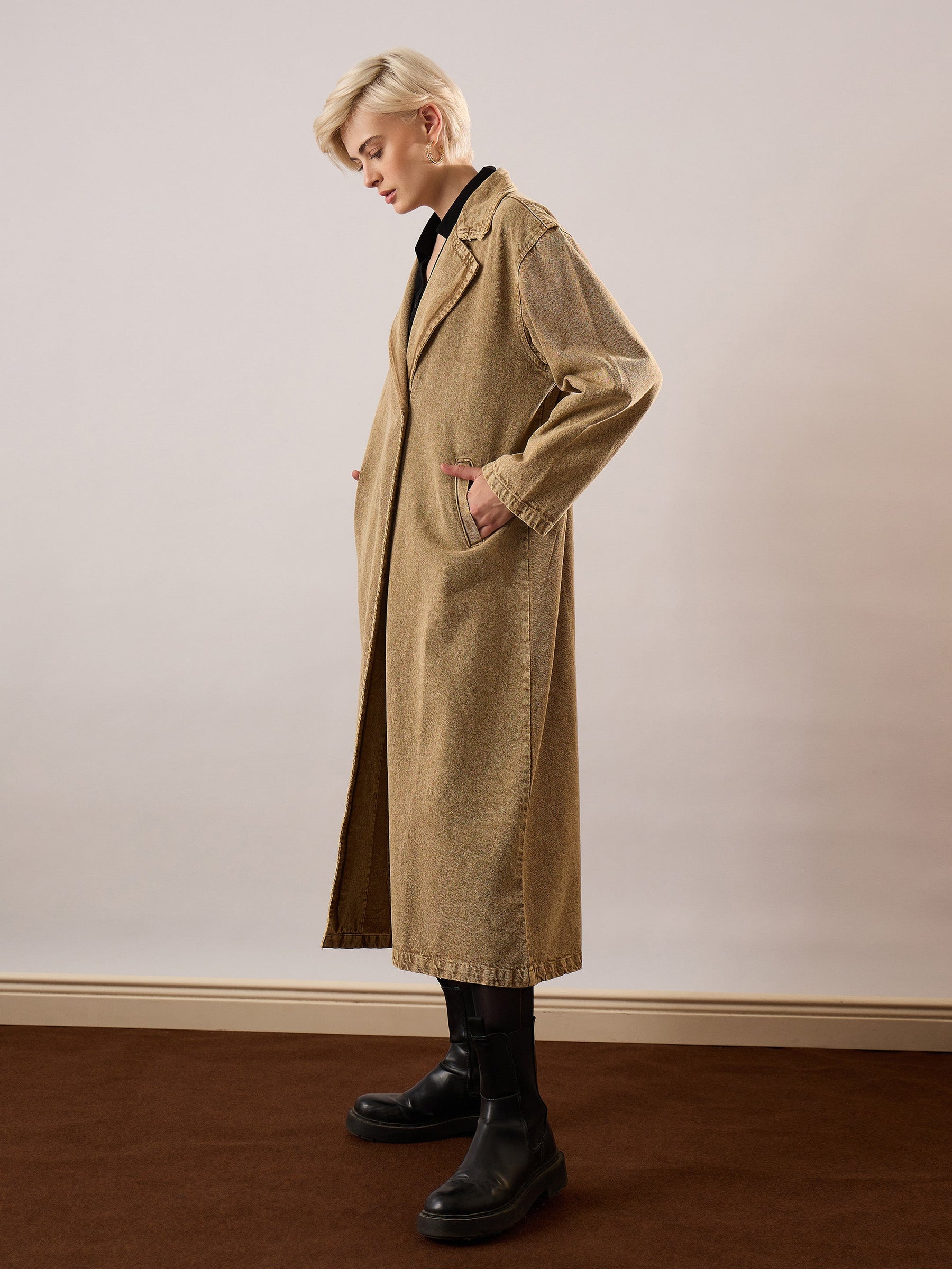 Beige Washed Denim Over Coat-SASSAFRAS