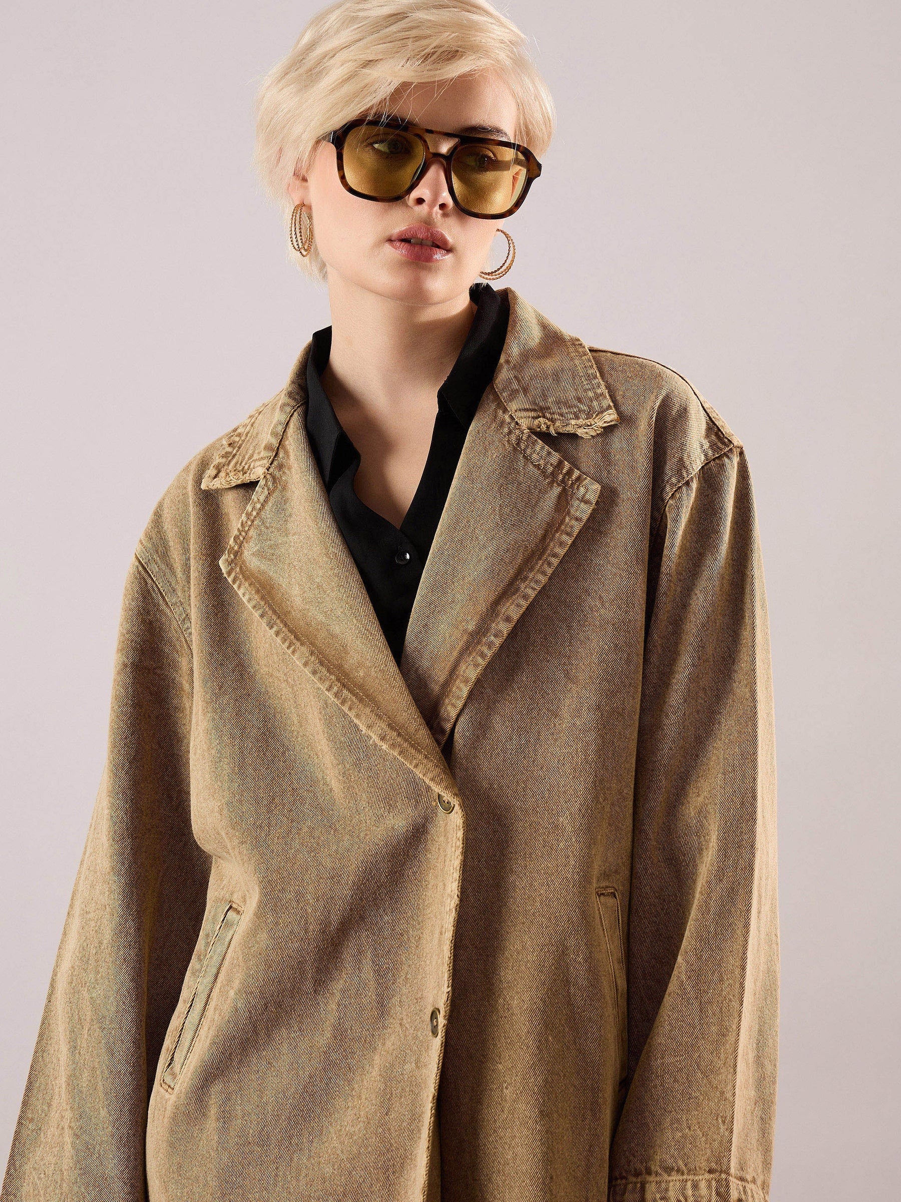 Beige Washed Denim Over Coat-SASSAFRAS
