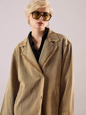 Beige Washed Denim Over Coat-SASSAFRAS