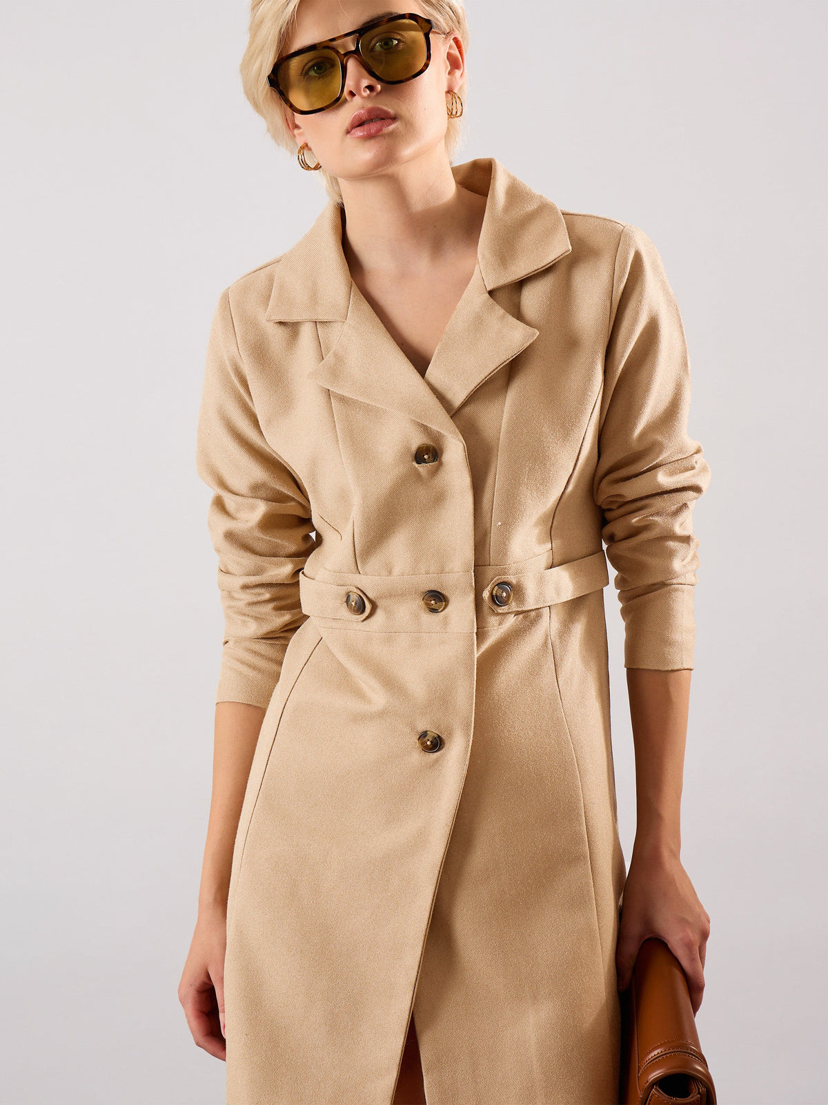 Beige Tweed Longline Blazer-SASSAFRAS