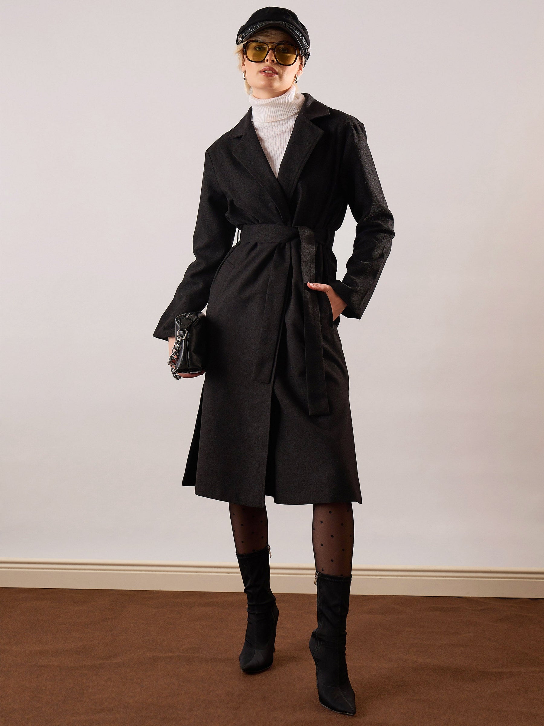 Black Tweed Belted Over Coat-SASSAFRAS