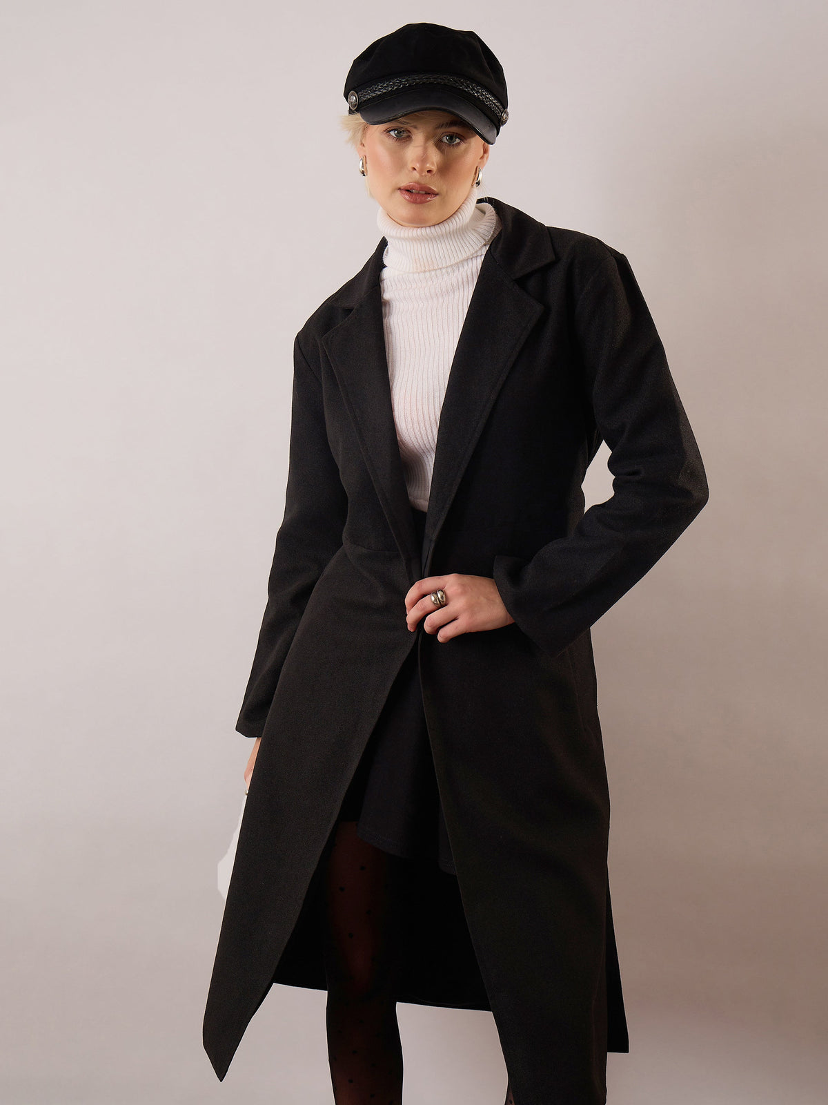 Black Tweed Belted Over Coat-SASSAFRAS