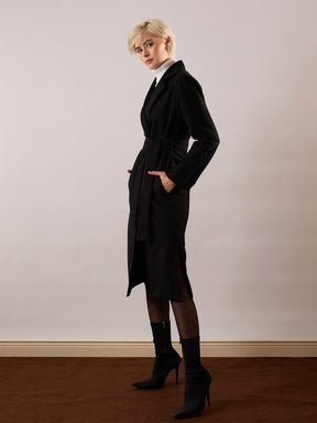 Black Tweed Belted Over Coat-SASSAFRAS