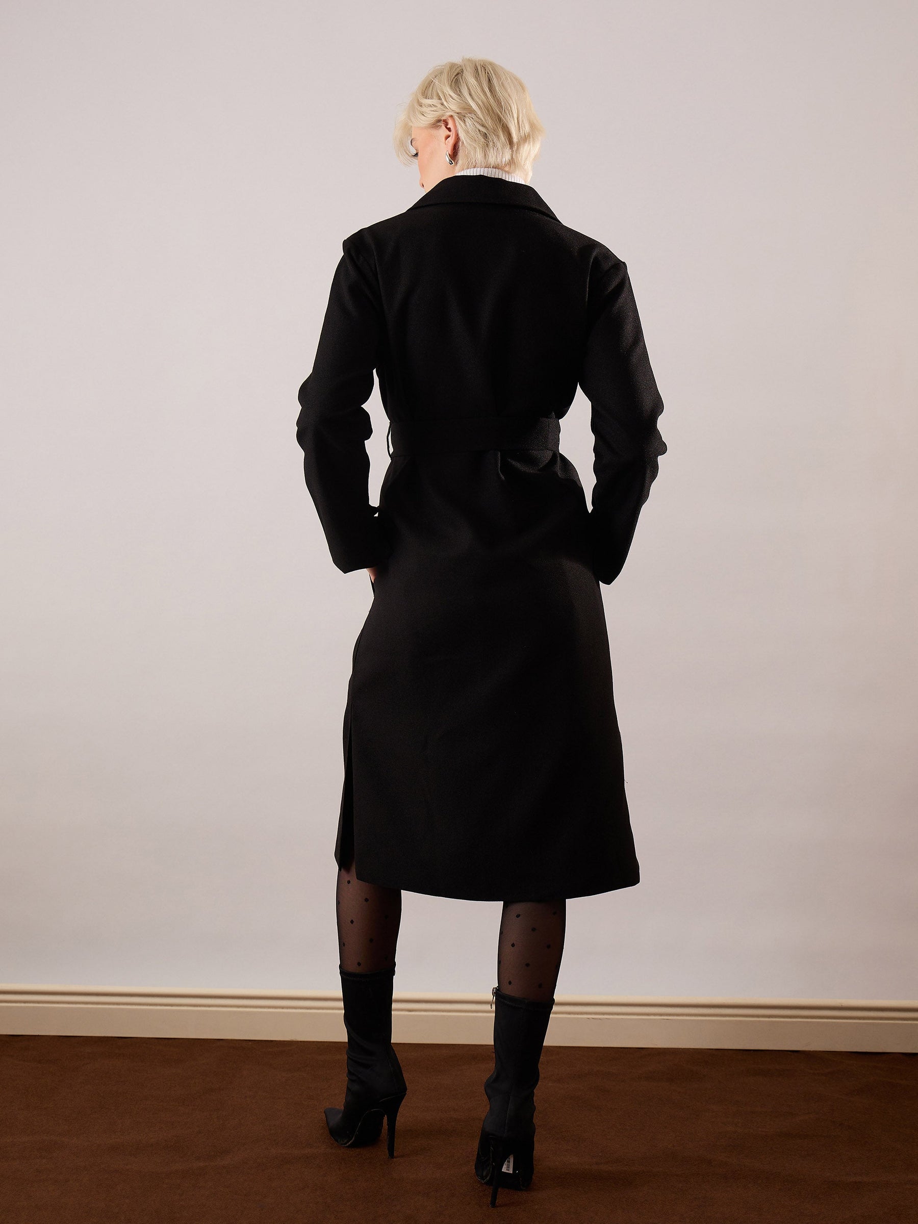 Black Tweed Belted Over Coat-SASSAFRAS