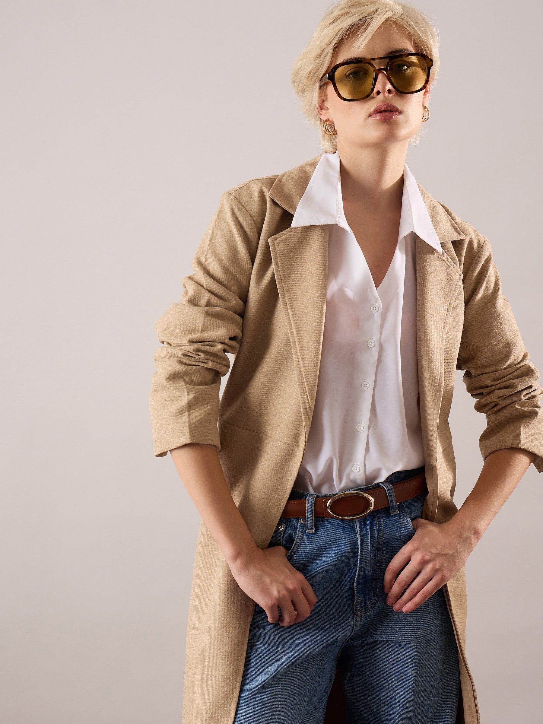 Beige Tweed Belted Over Coat-SASSAFRAS