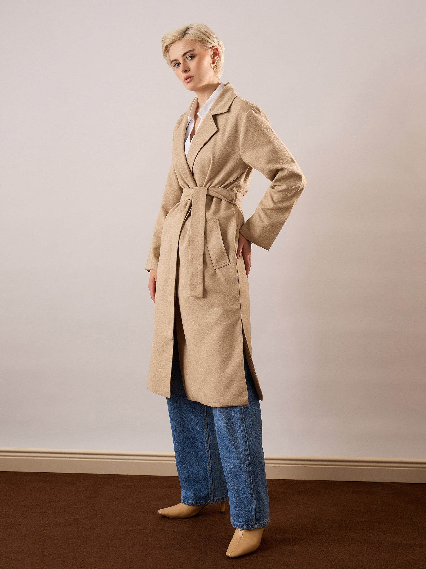 Beige Tweed Belted Over Coat-SASSAFRAS