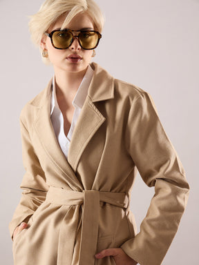 Beige Tweed Belted Over Coat-SASSAFRAS