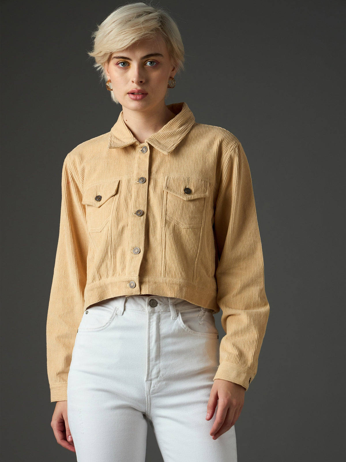 Light Beige Corduroy Boxy Crop Jacket-SASSAFRAS