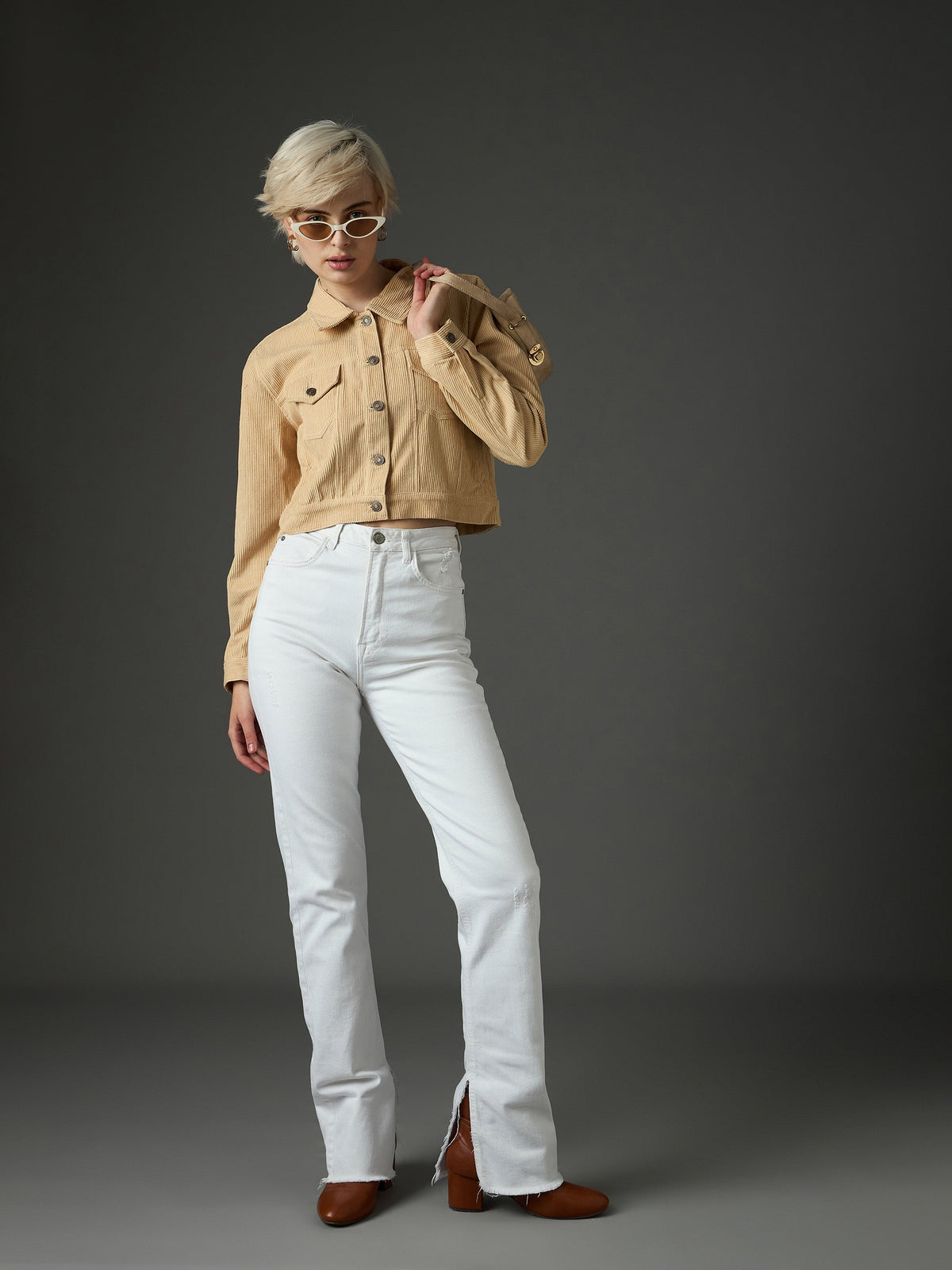Light Beige Corduroy Boxy Crop Jacket-SASSAFRAS