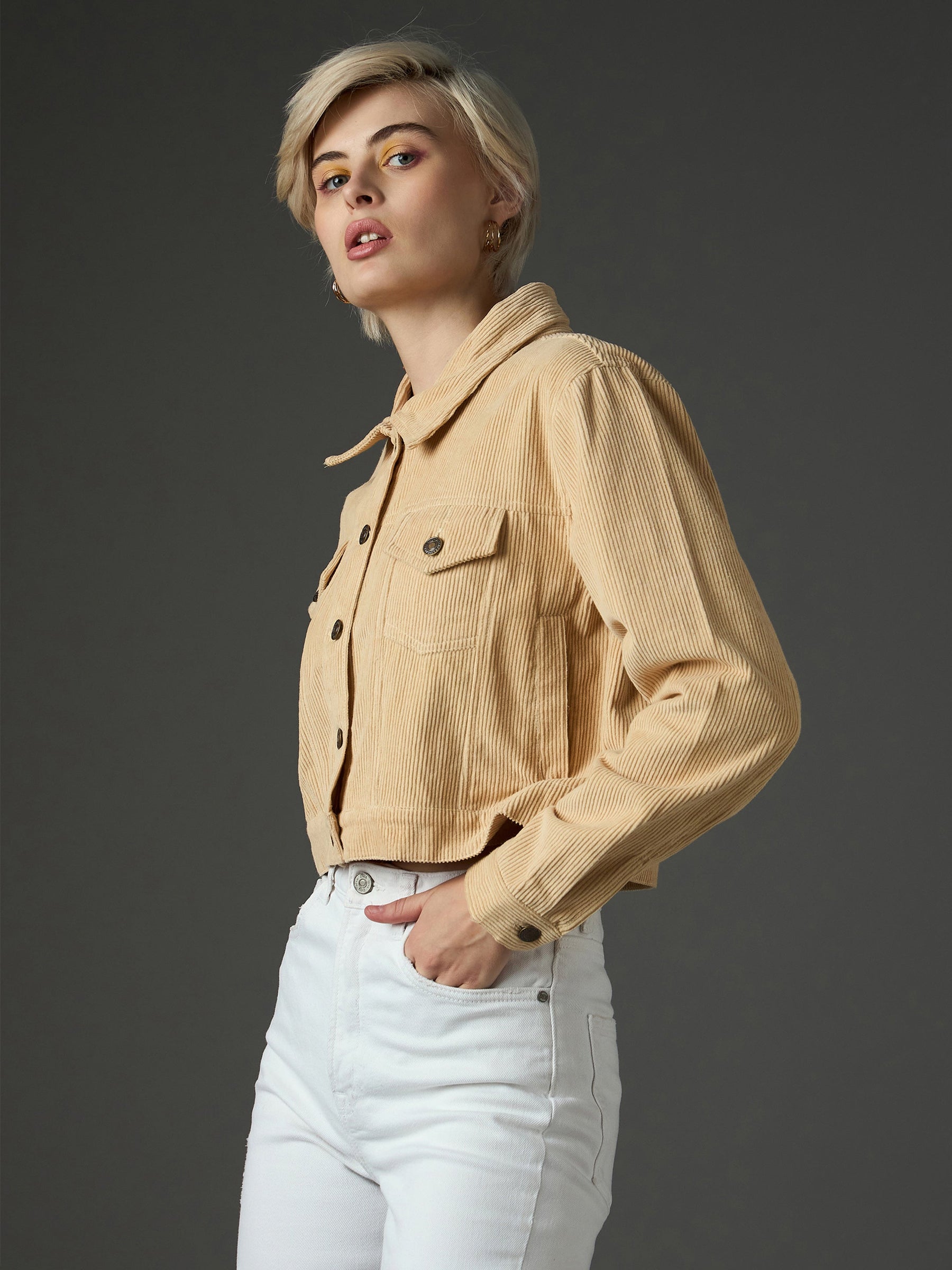 Light Beige Corduroy Boxy Crop Jacket-SASSAFRAS
