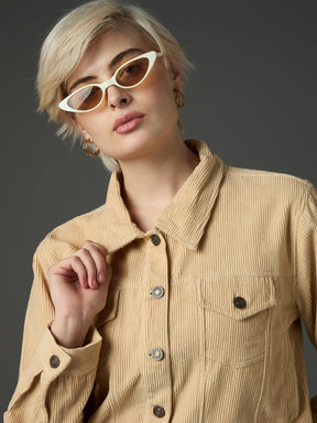 Light Beige Corduroy Boxy Crop Jacket-SASSAFRAS