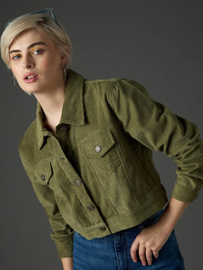 Olive Corduroy Boxy Crop Jacket-SASSAFRAS