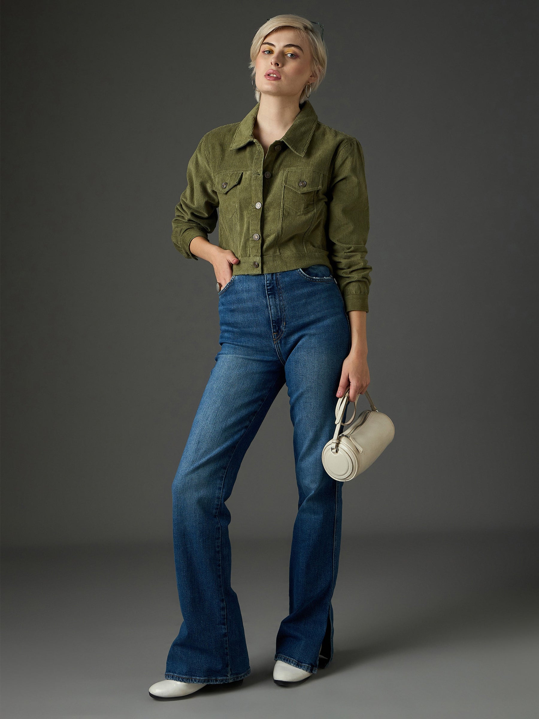 Olive Corduroy Boxy Crop Jacket-SASSAFRAS