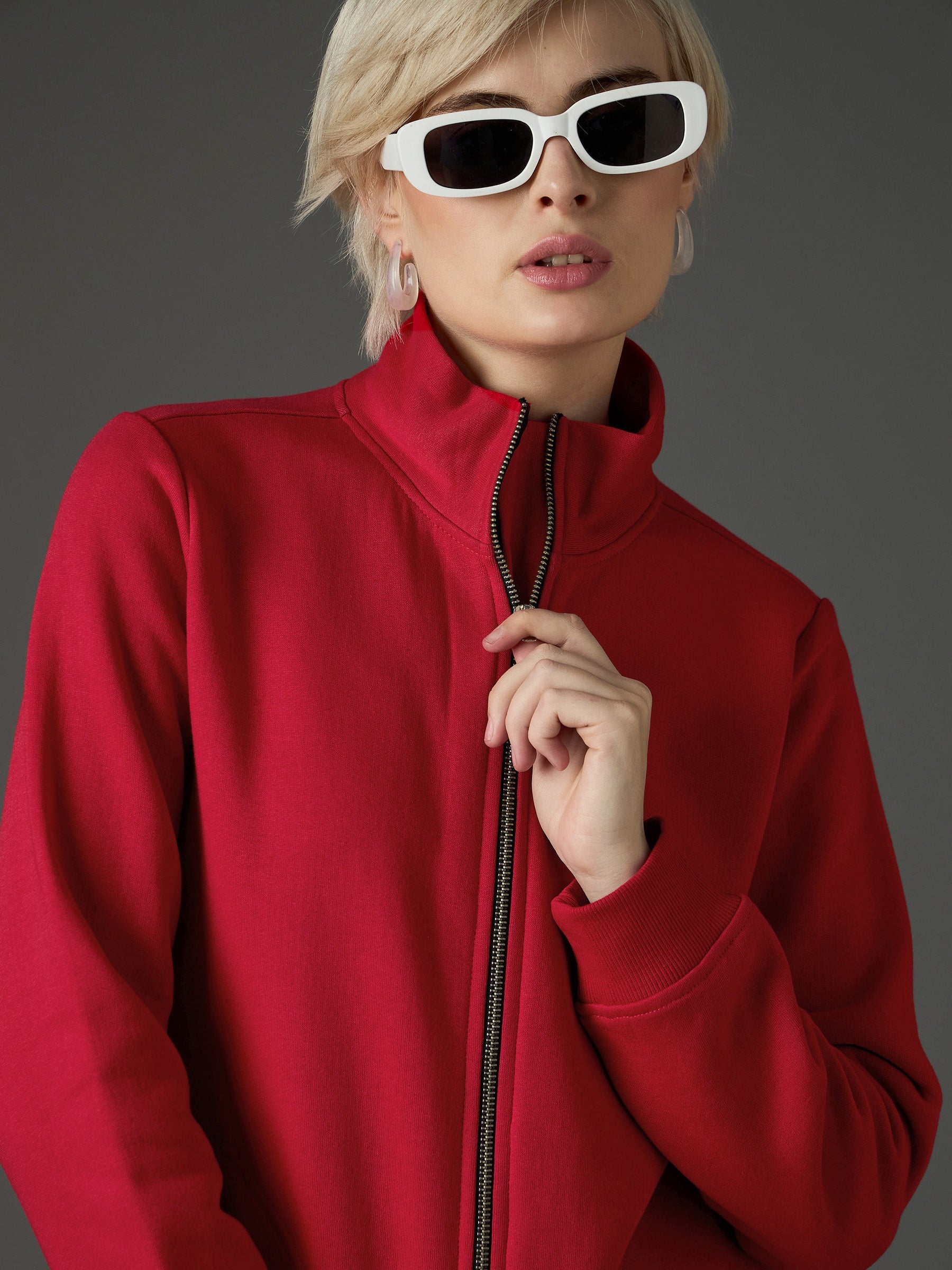 Red Fleece Front Zipper Regular Fit Jacket-SASSAFRAS