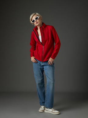 Red Fleece Front Zipper Regular Fit Jacket-SASSAFRAS