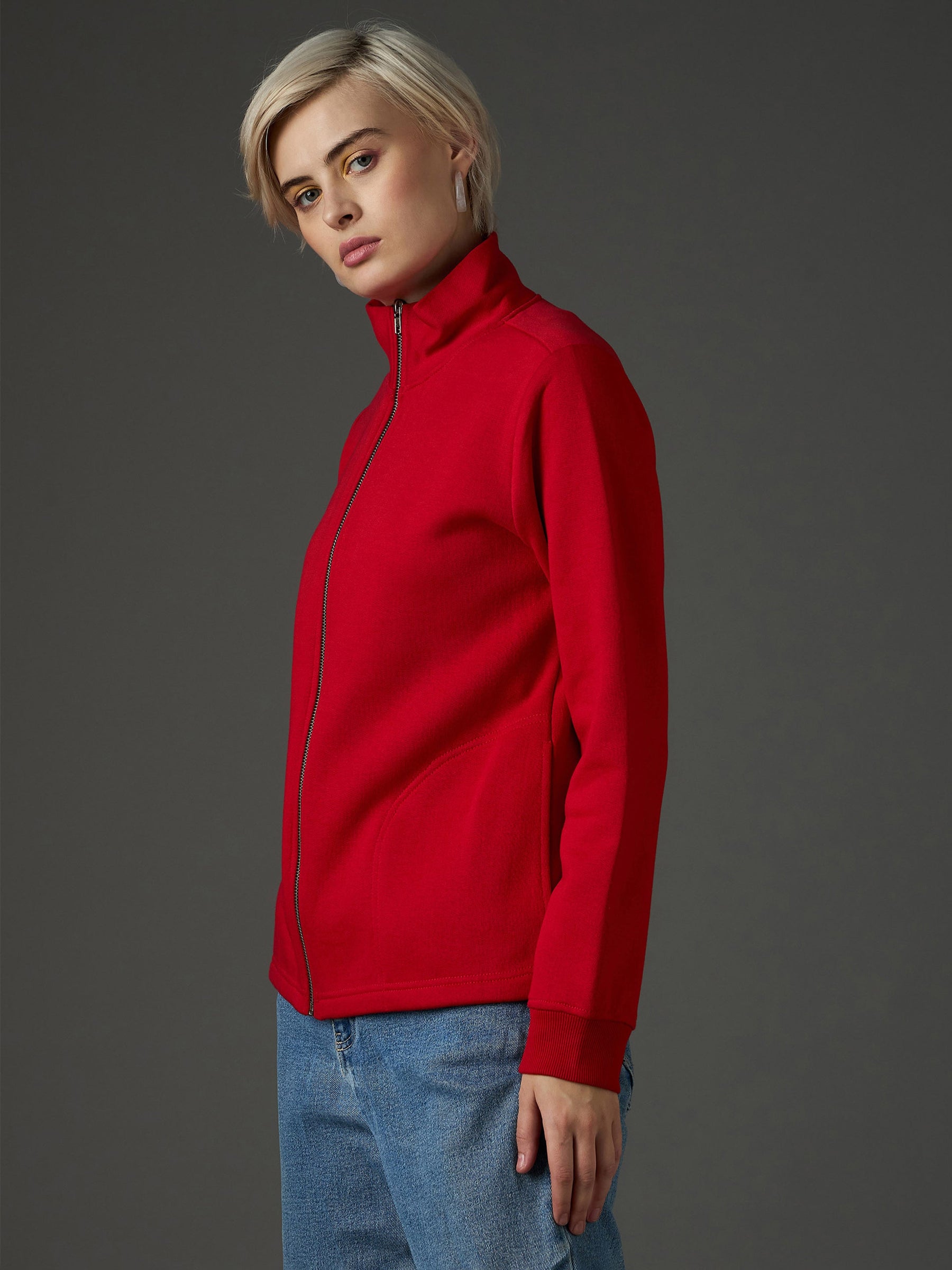 Red Fleece Front Zipper Regular Fit Jacket-SASSAFRAS