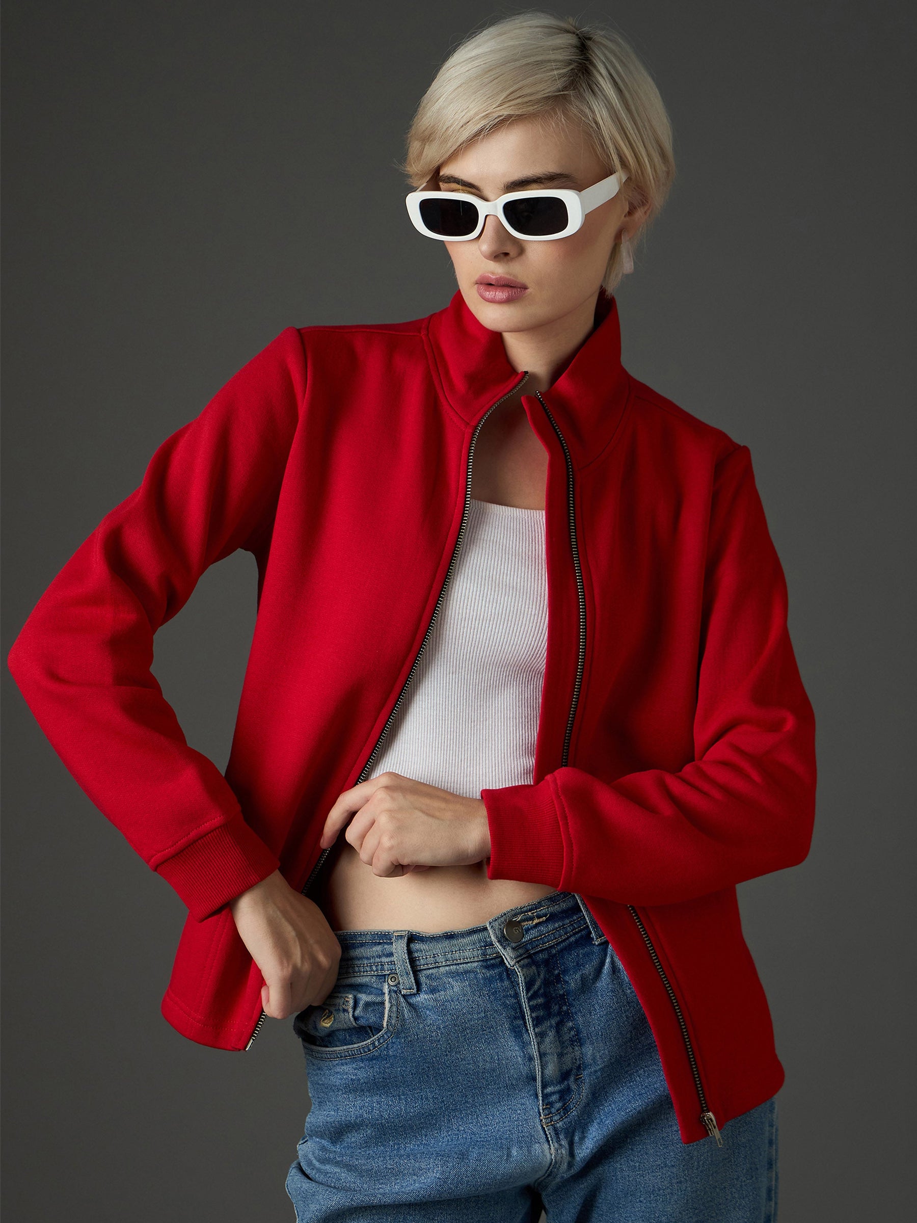 Red Fleece Front Zipper Regular Fit Jacket-SASSAFRAS
