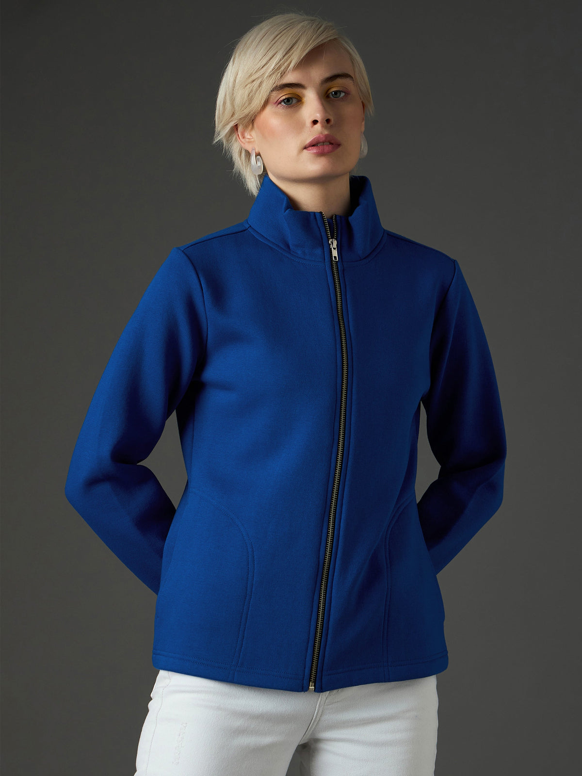 Royal Blue Fleece Front Zipper Jacket-SASSAFRAS