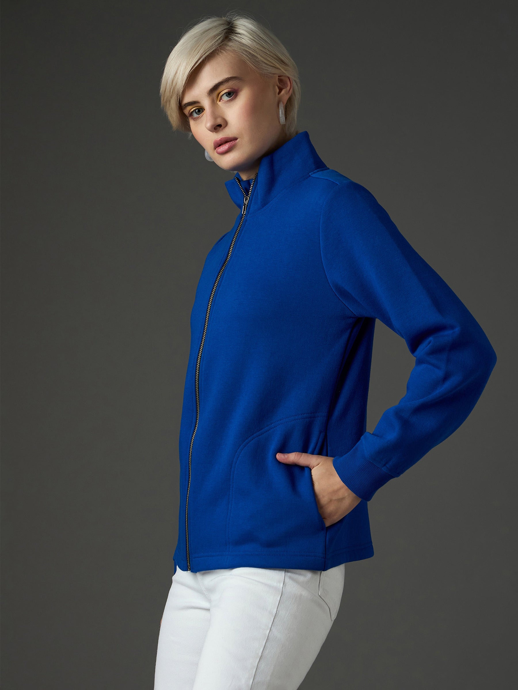 Royal Blue Fleece Front Zipper Jacket-SASSAFRAS