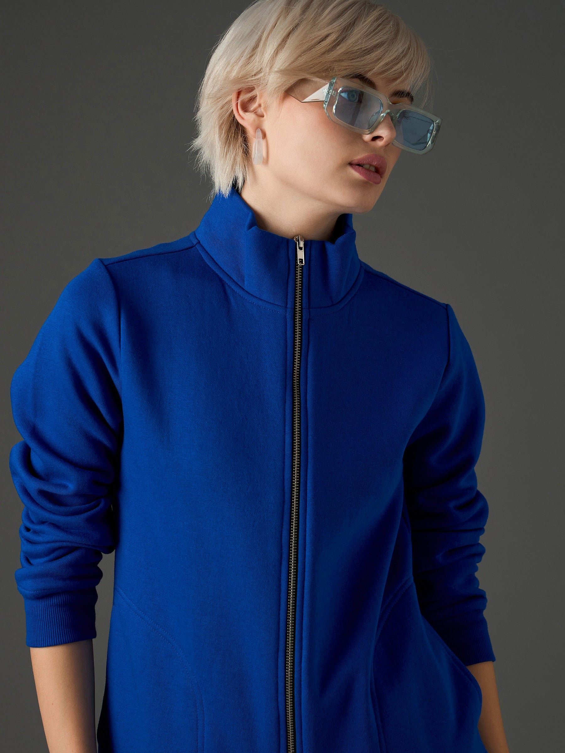 Royal Blue Fleece Front Zipper Jacket-SASSAFRAS