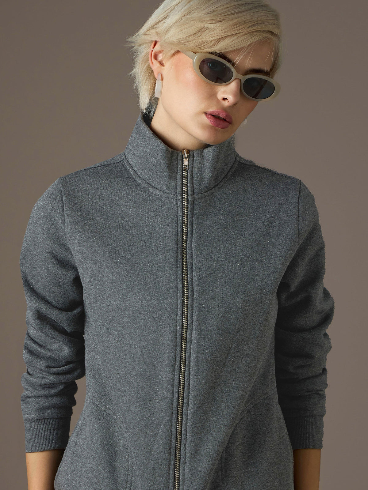 Dark Grey Fleece Front Zipper Jacket-SASSAFRAS