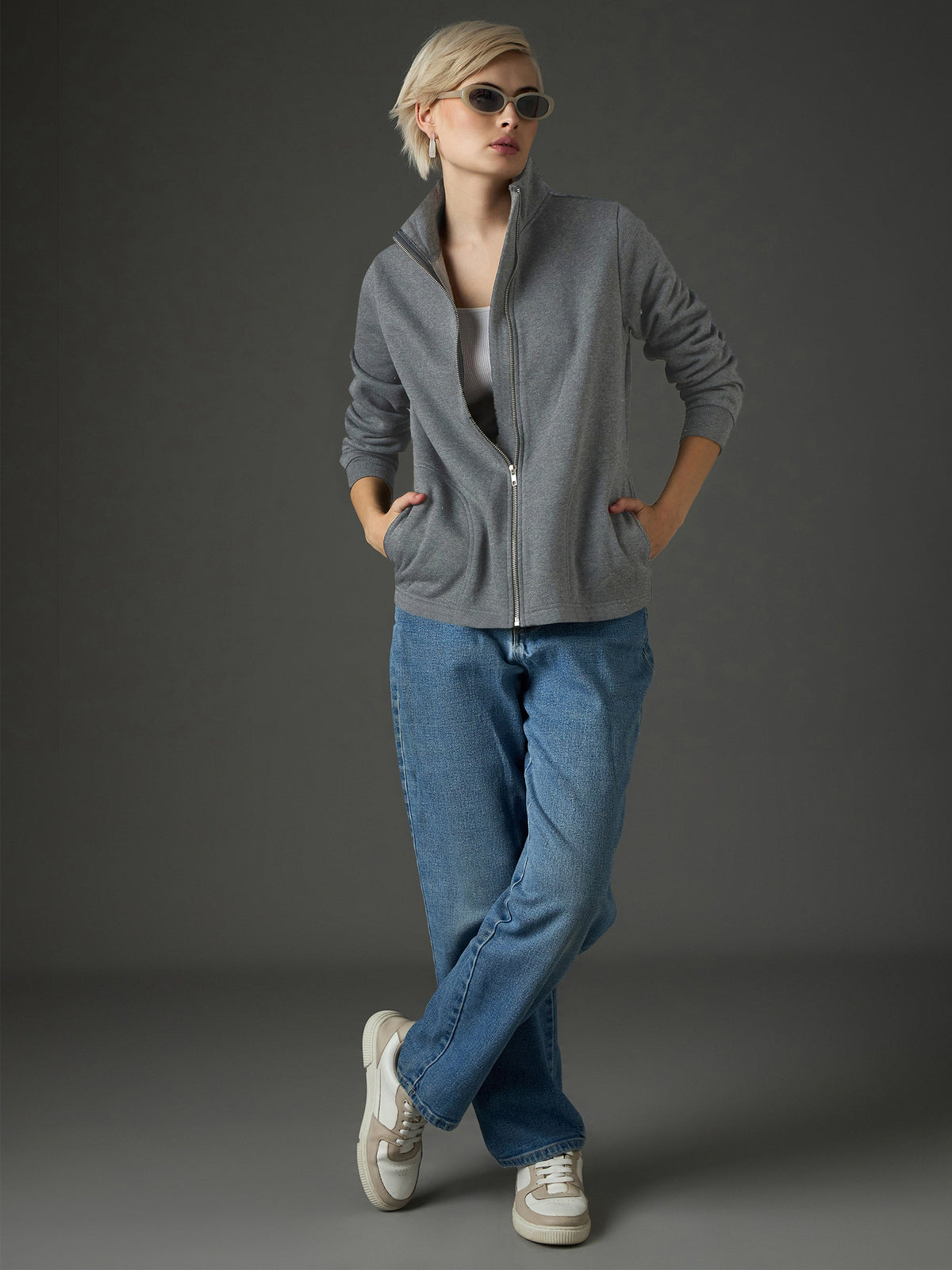Dark Grey Fleece Front Zipper Jacket-SASSAFRAS