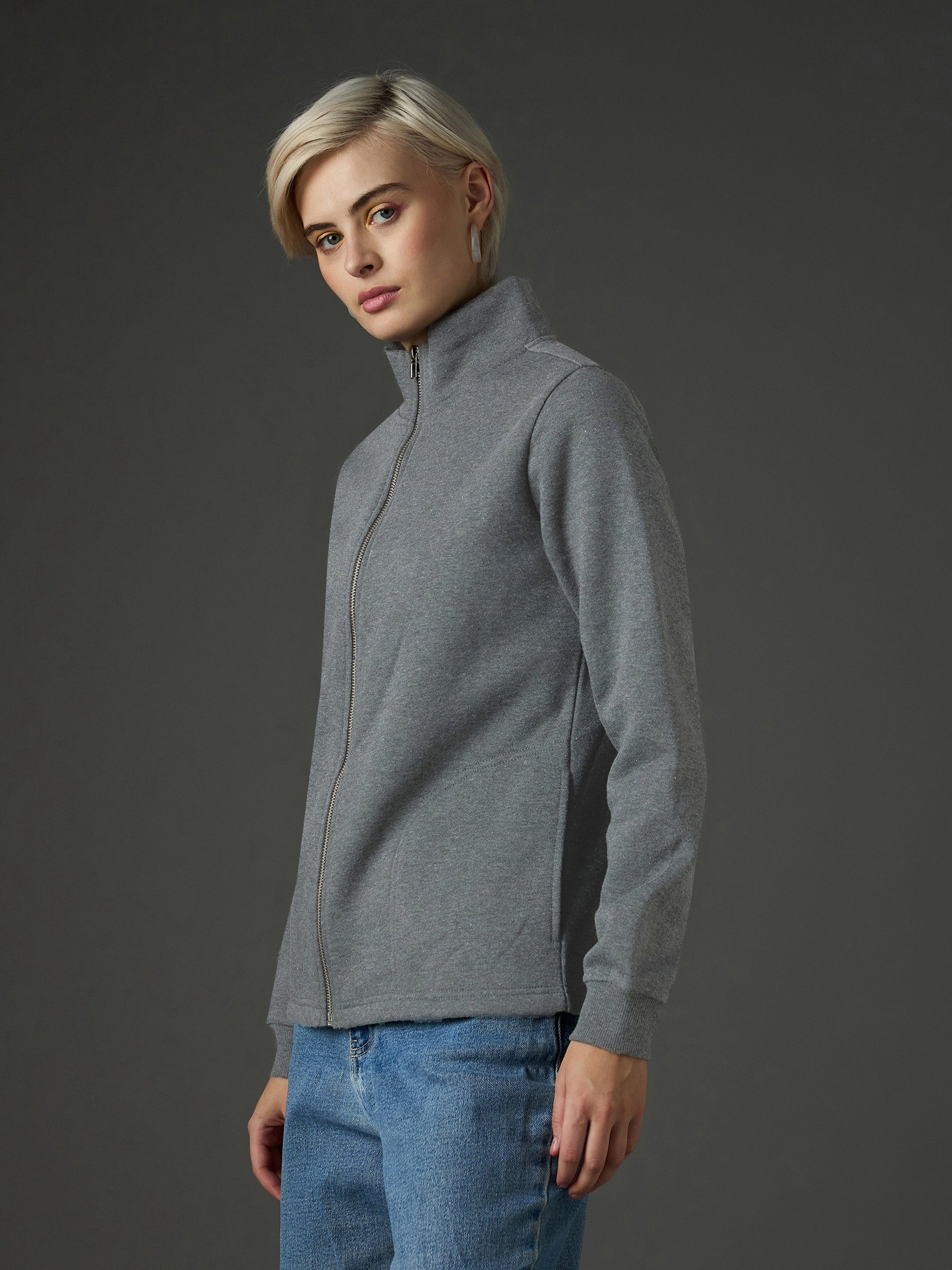 Dark Grey Fleece Front Zipper Jacket-SASSAFRAS