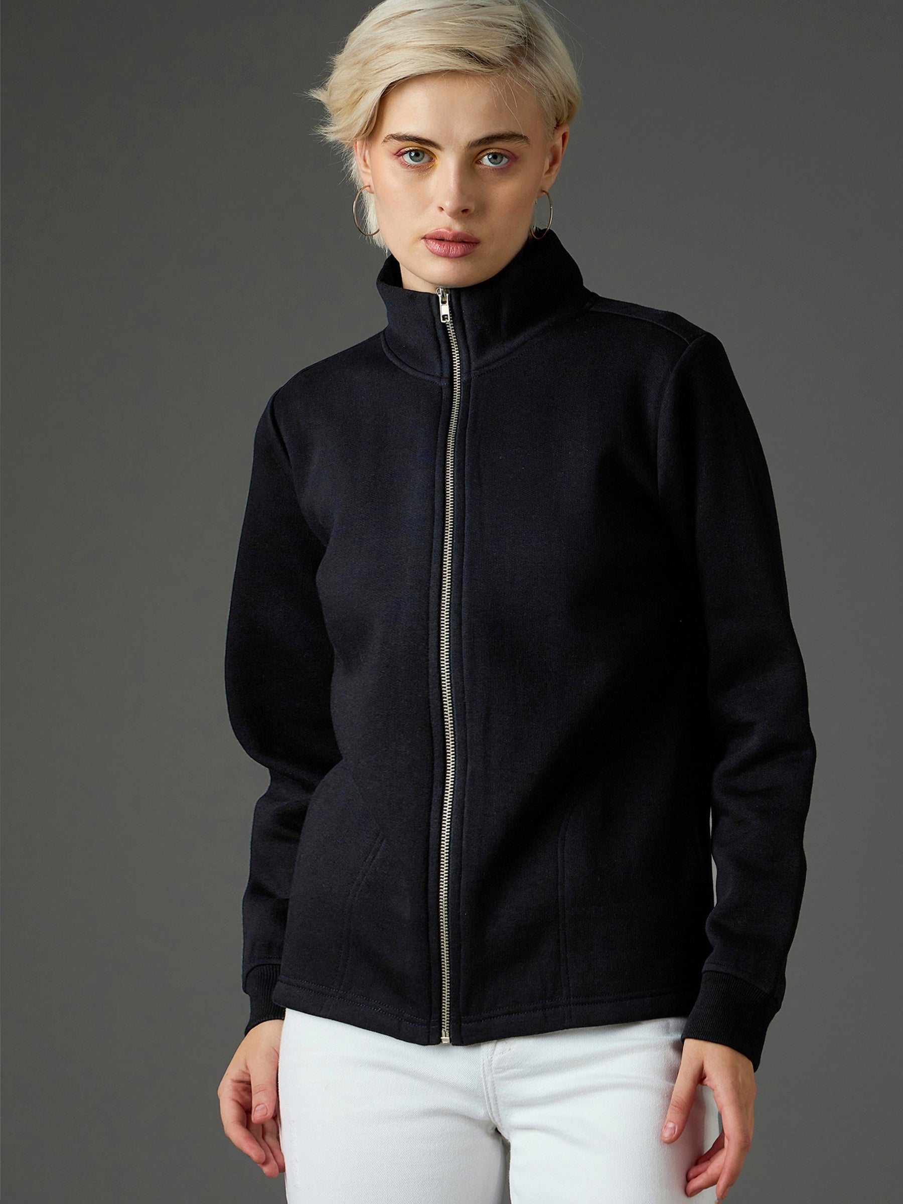 Women Black Fleece Front Zipper Jacket - Main Image