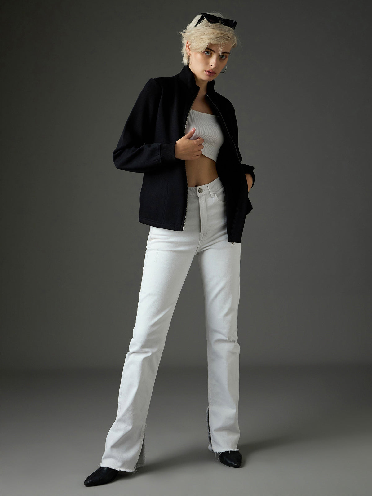 Black Fleece Front Zipper Jacket-SASSAFRAS