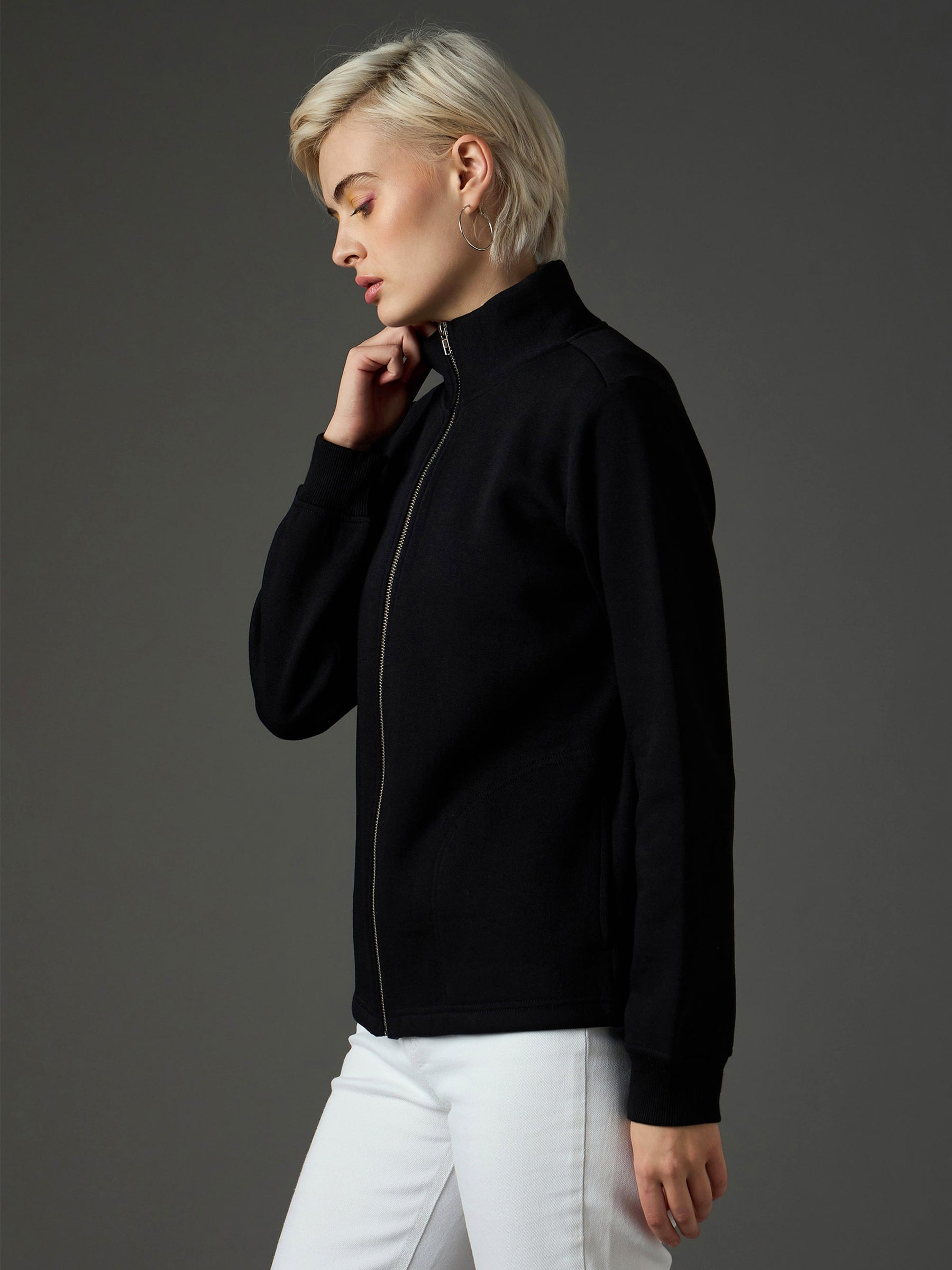 Black Fleece Front Zipper Jacket-SASSAFRAS