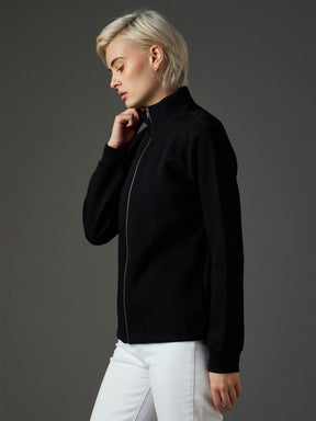 Black Fleece Front Zipper Jacket-SASSAFRAS