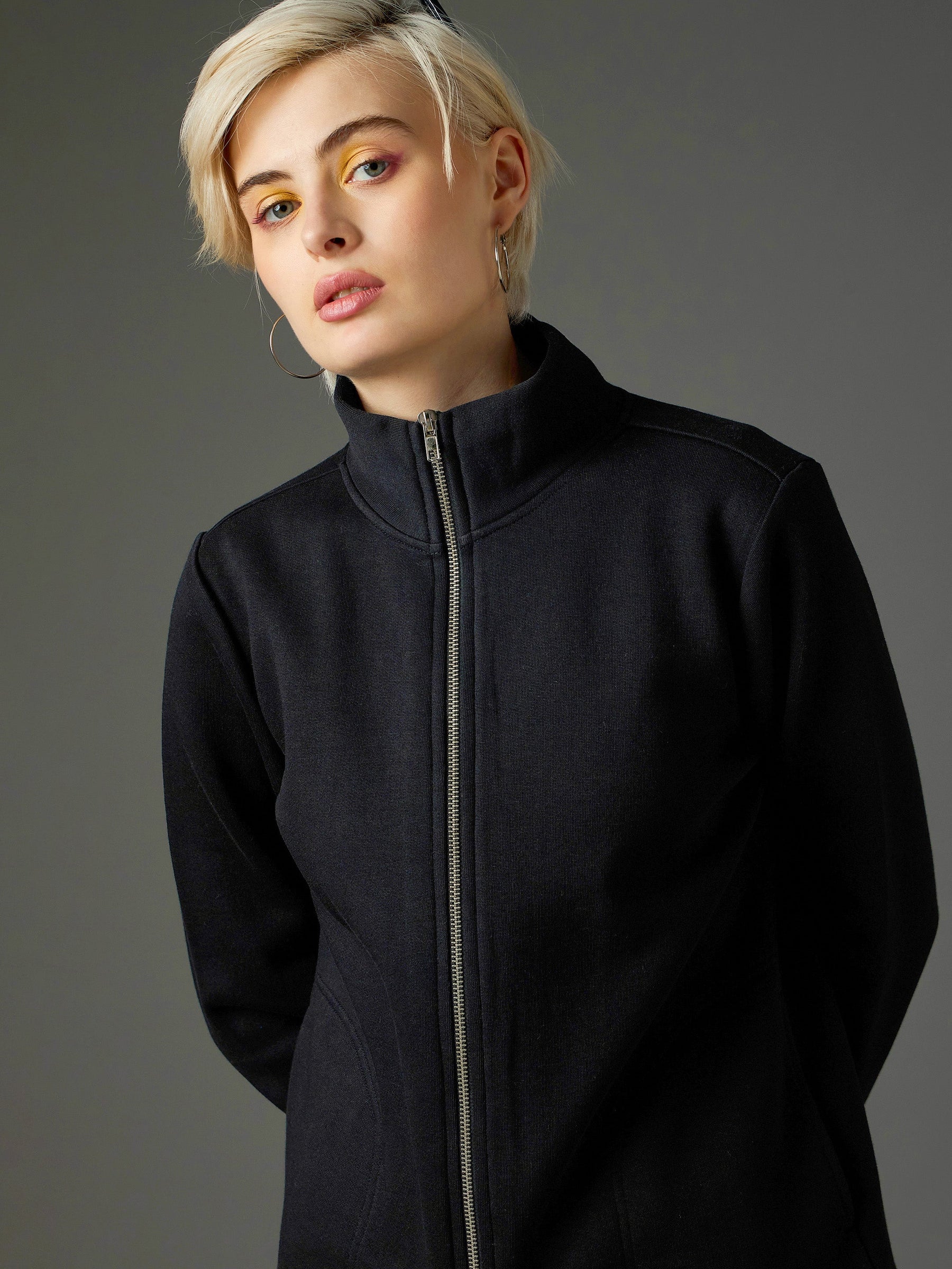 Black Fleece Front Zipper Jacket-SASSAFRAS