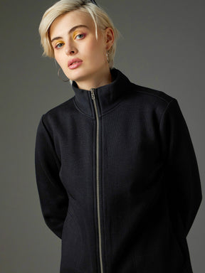 Black Fleece Front Zipper Jacket-SASSAFRAS