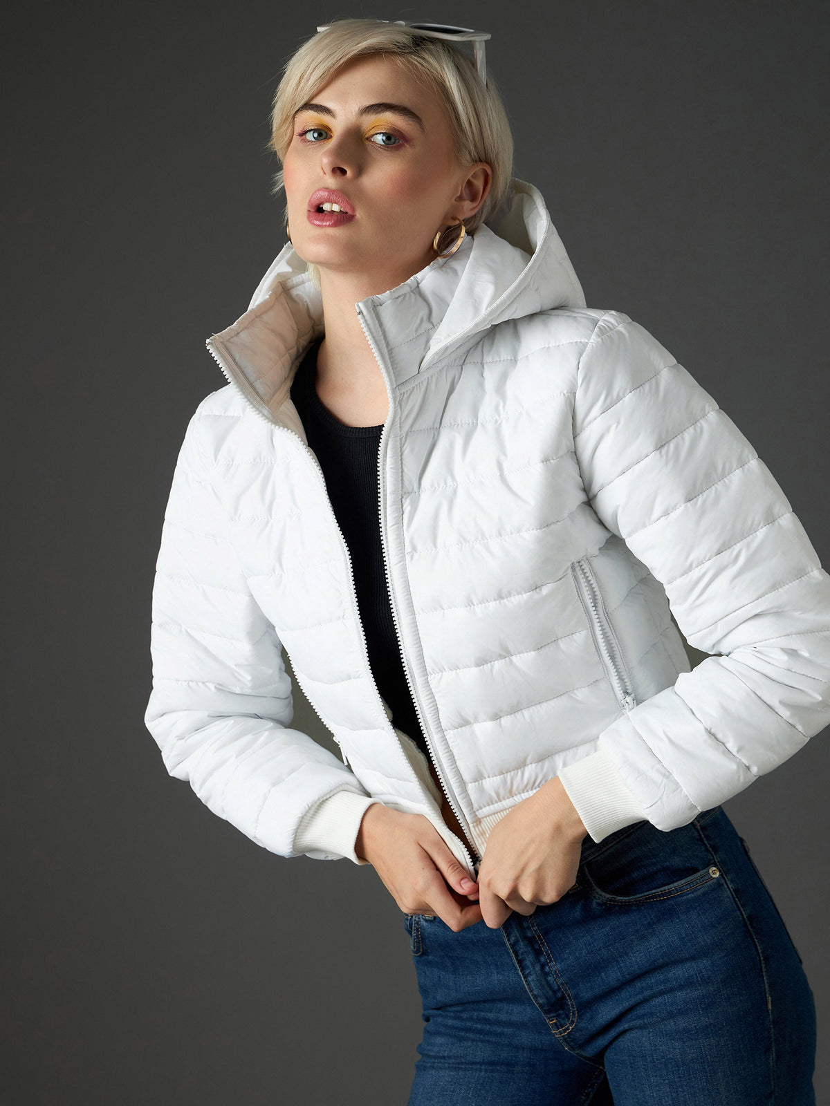 White Hooded Crop Bomber Puffer Jacket -SASSAFRAS