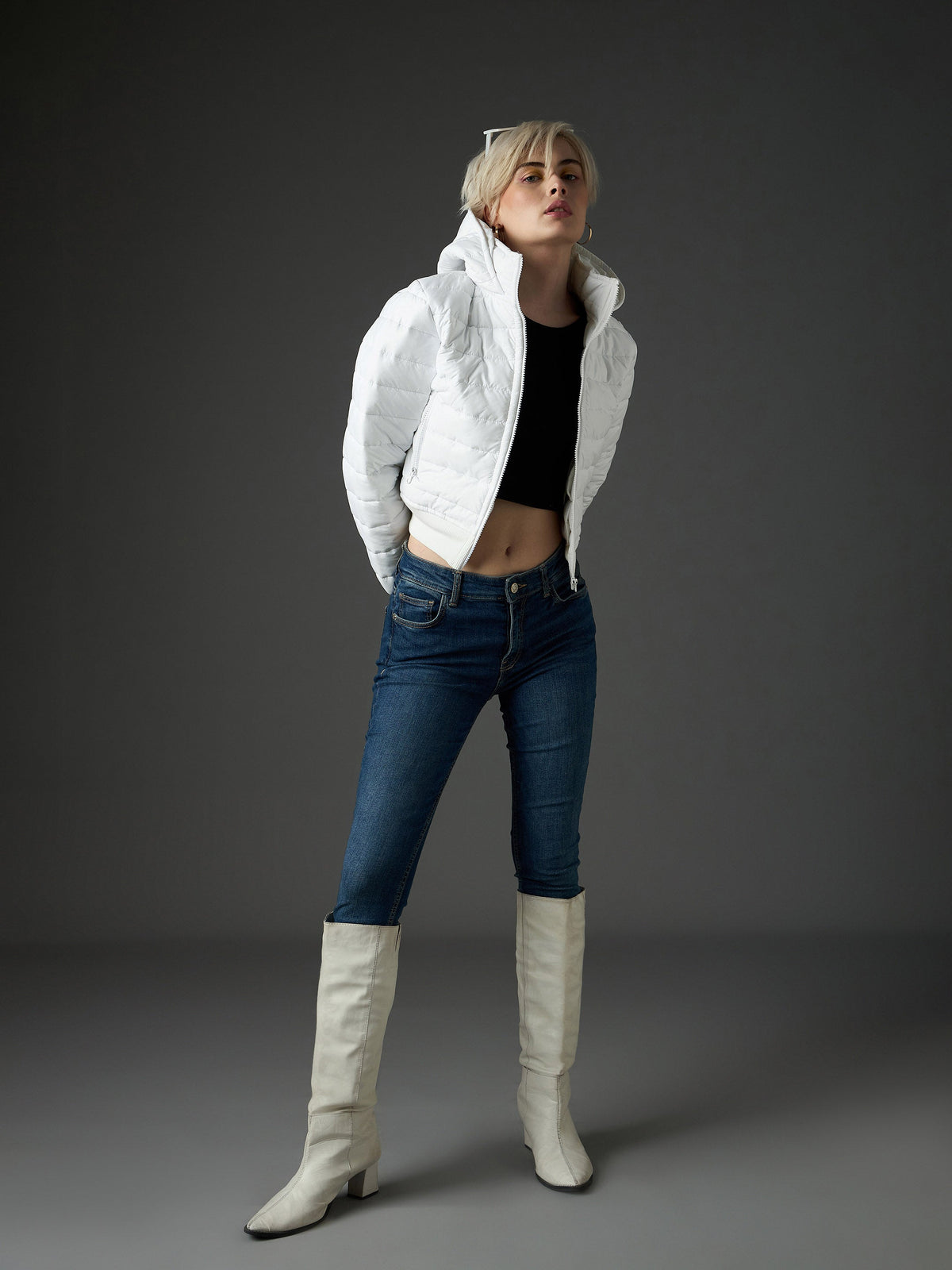White Hooded Crop Bomber Puffer Jacket -SASSAFRAS