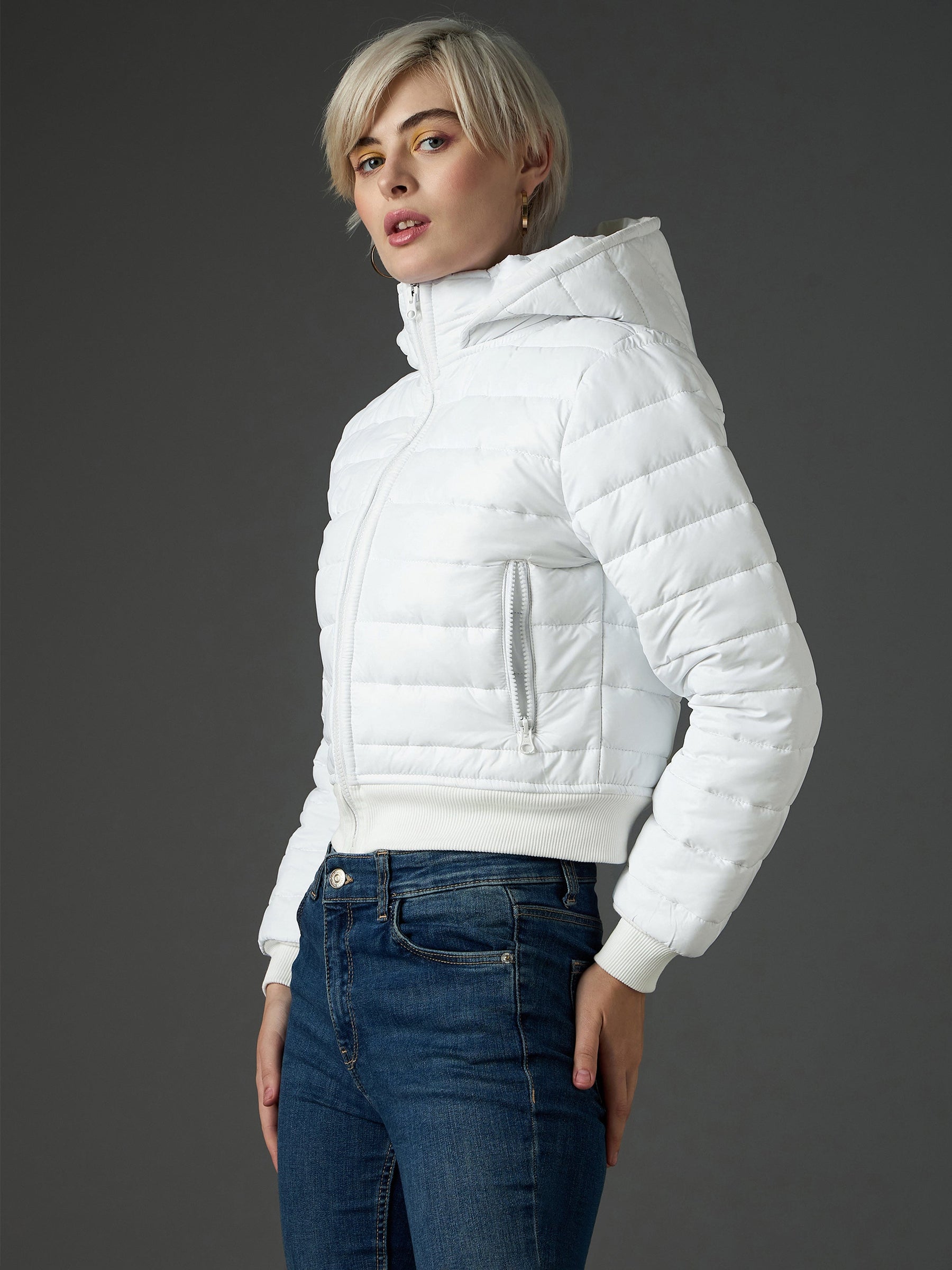 White Hooded Crop Bomber Puffer Jacket -SASSAFRAS