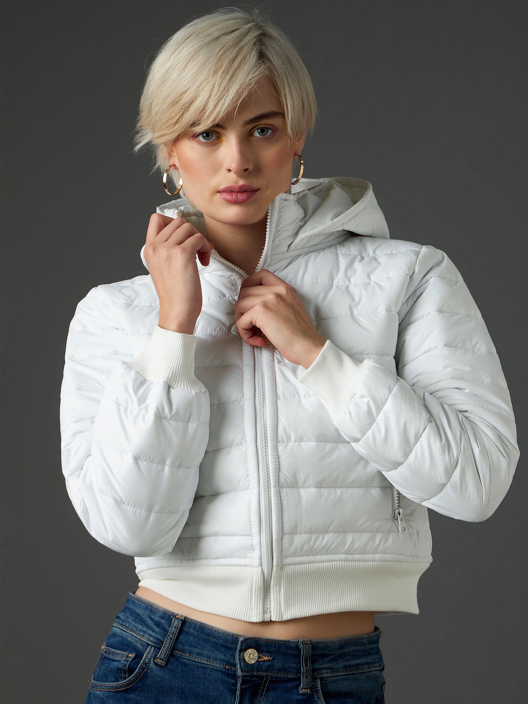 White Hooded Crop Bomber Puffer Jacket -SASSAFRAS