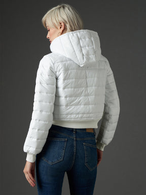 White Hooded Crop Bomber Puffer Jacket -SASSAFRAS