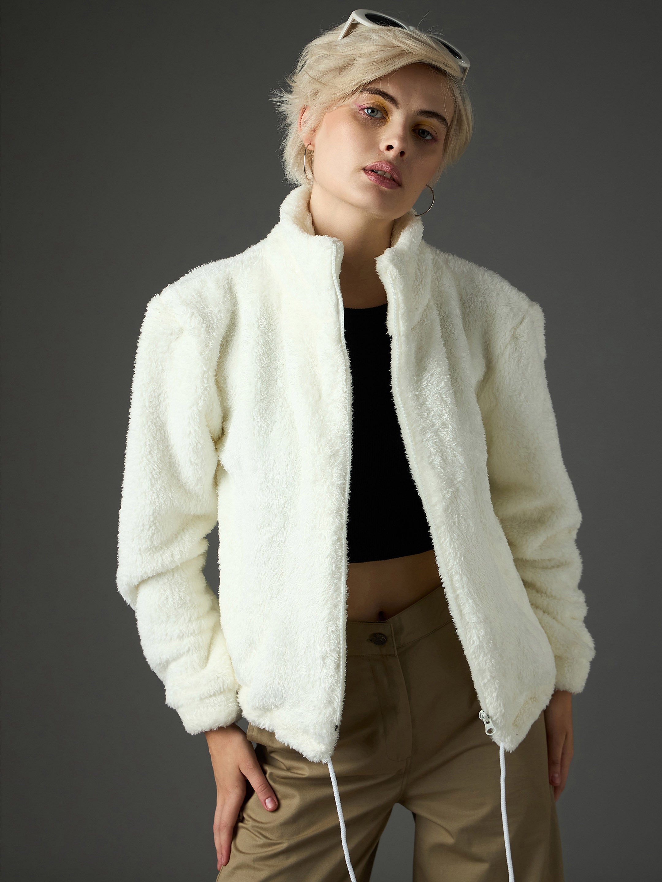 Women White Drawstring Faux Fur Jacket