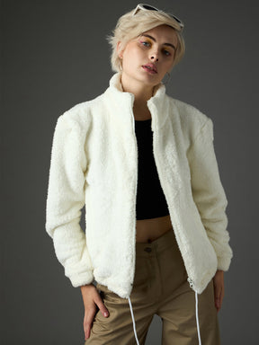 White Drawstring Faux Fur Jacket-SASSAFRAS