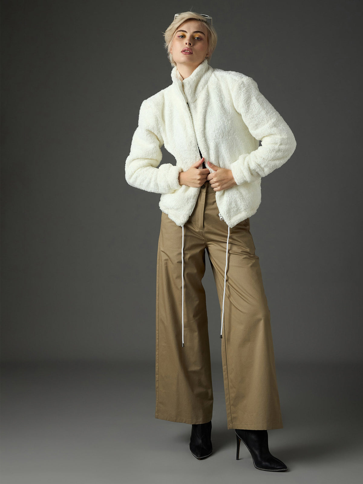 White Drawstring Faux Fur Jacket-SASSAFRAS
