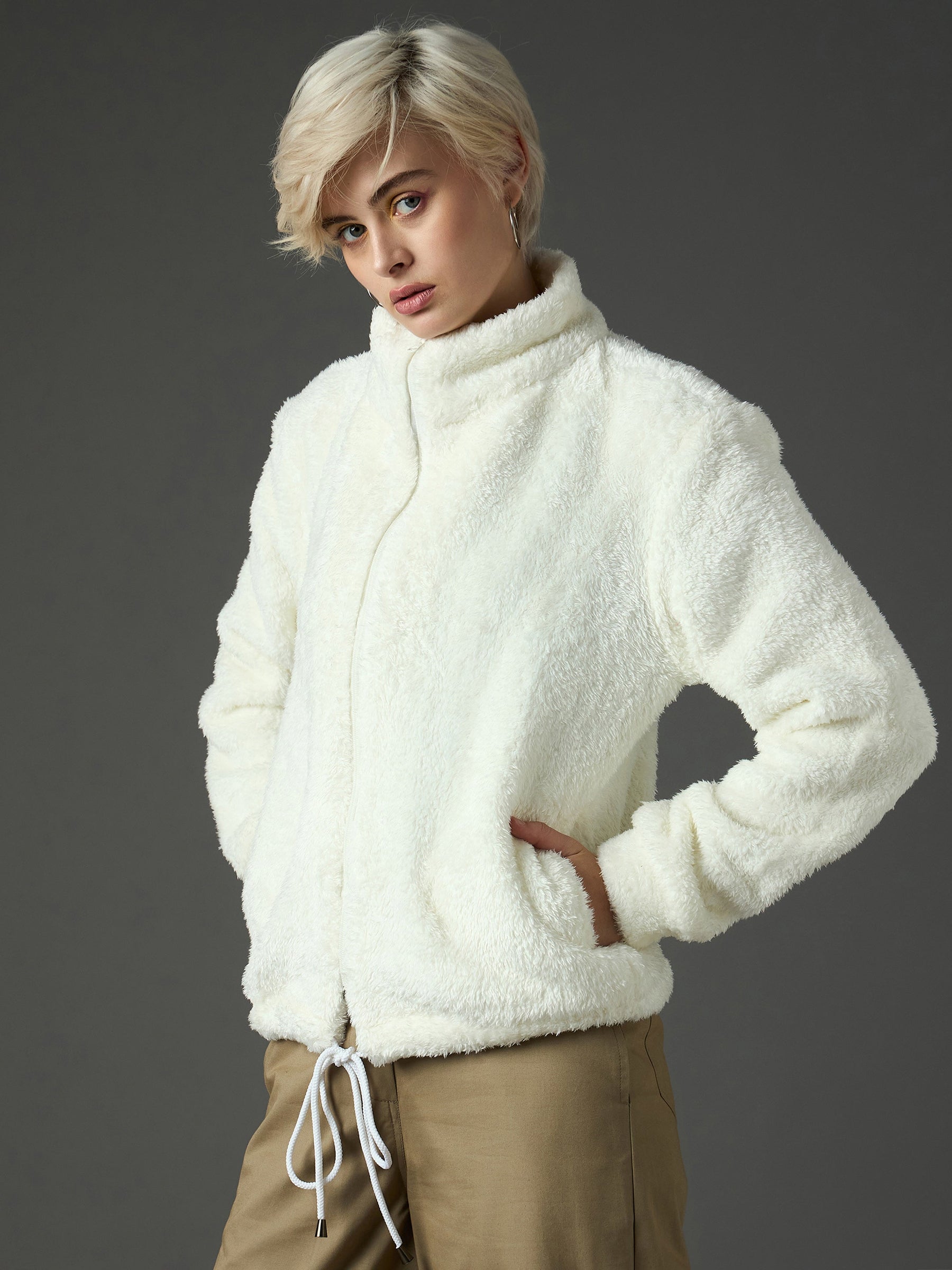 White Drawstring Faux Fur Jacket-SASSAFRAS