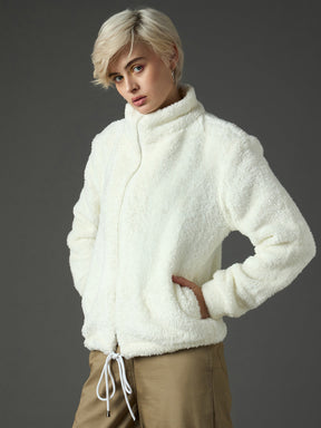 White Drawstring Faux Fur Jacket-SASSAFRAS