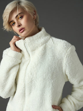 White Drawstring Faux Fur Jacket-SASSAFRAS