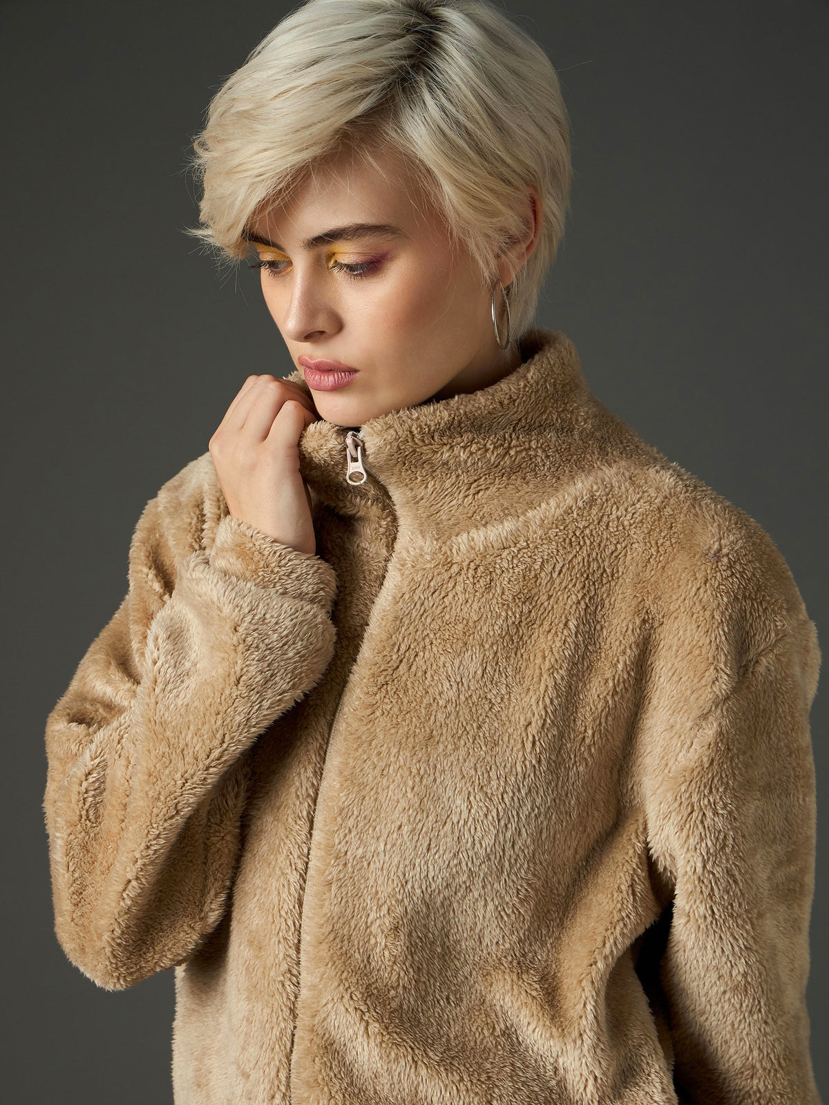 Beige Drawstring Faux Fur Jacket-SASSAFRAS