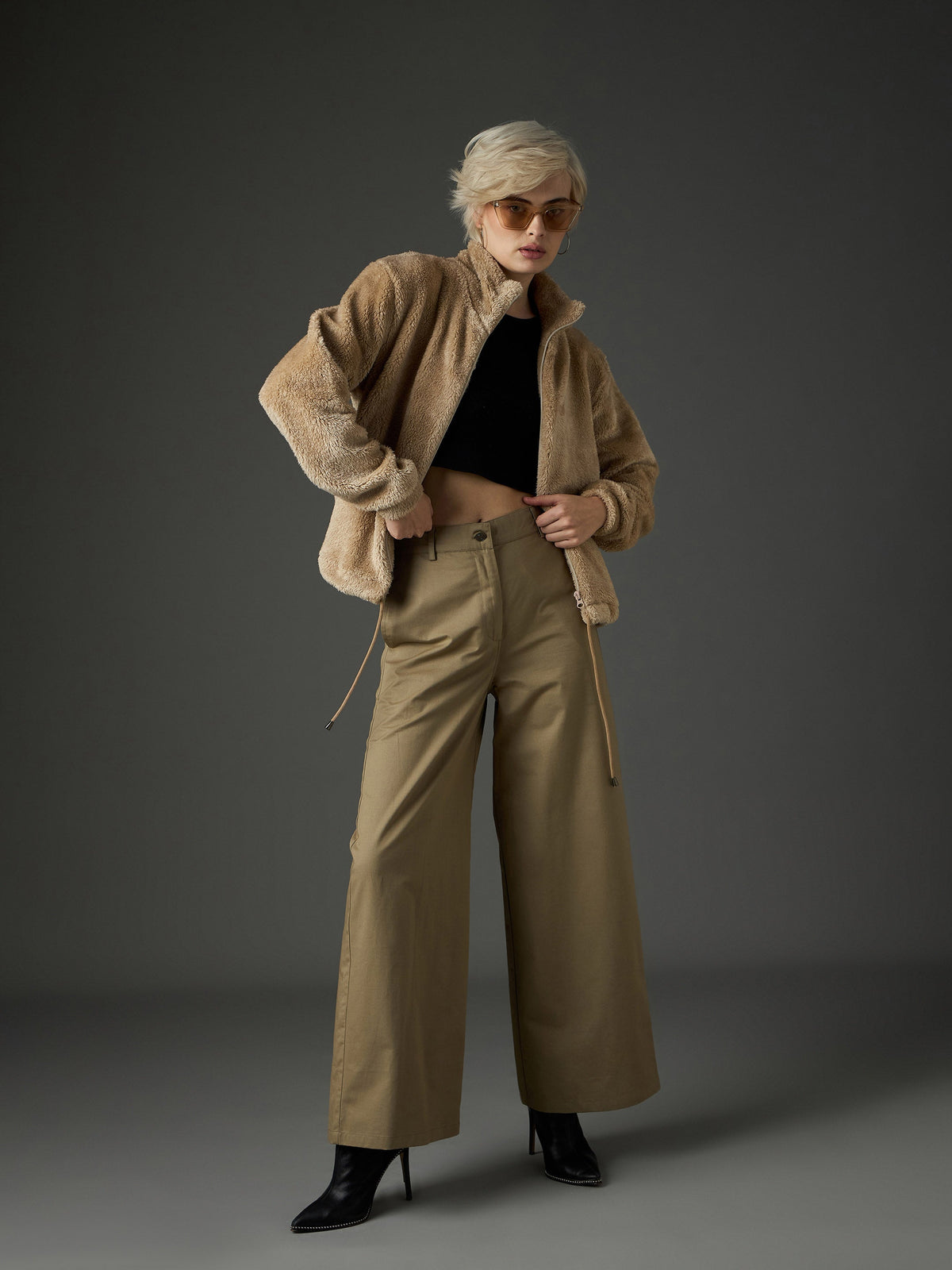 Beige Drawstring Faux Fur Jacket-SASSAFRAS
