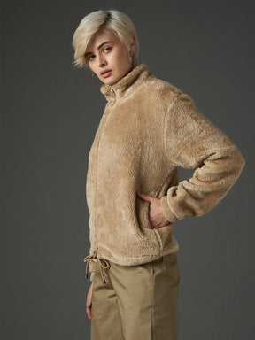Beige Drawstring Faux Fur Jacket-SASSAFRAS