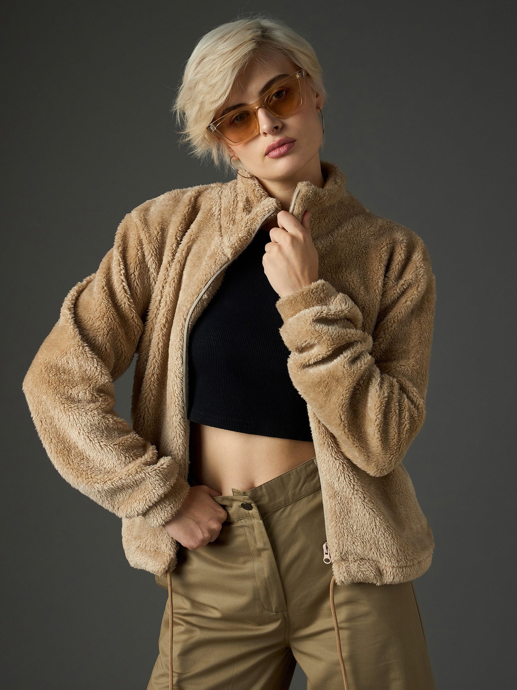 Beige Drawstring Faux Fur Jacket-SASSAFRAS