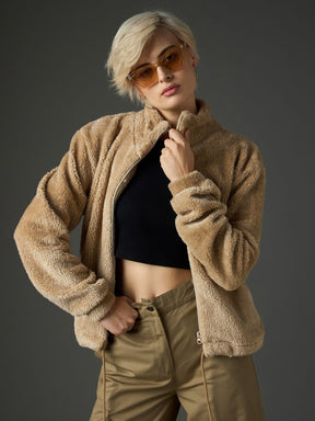 Beige Drawstring Faux Fur Jacket-SASSAFRAS